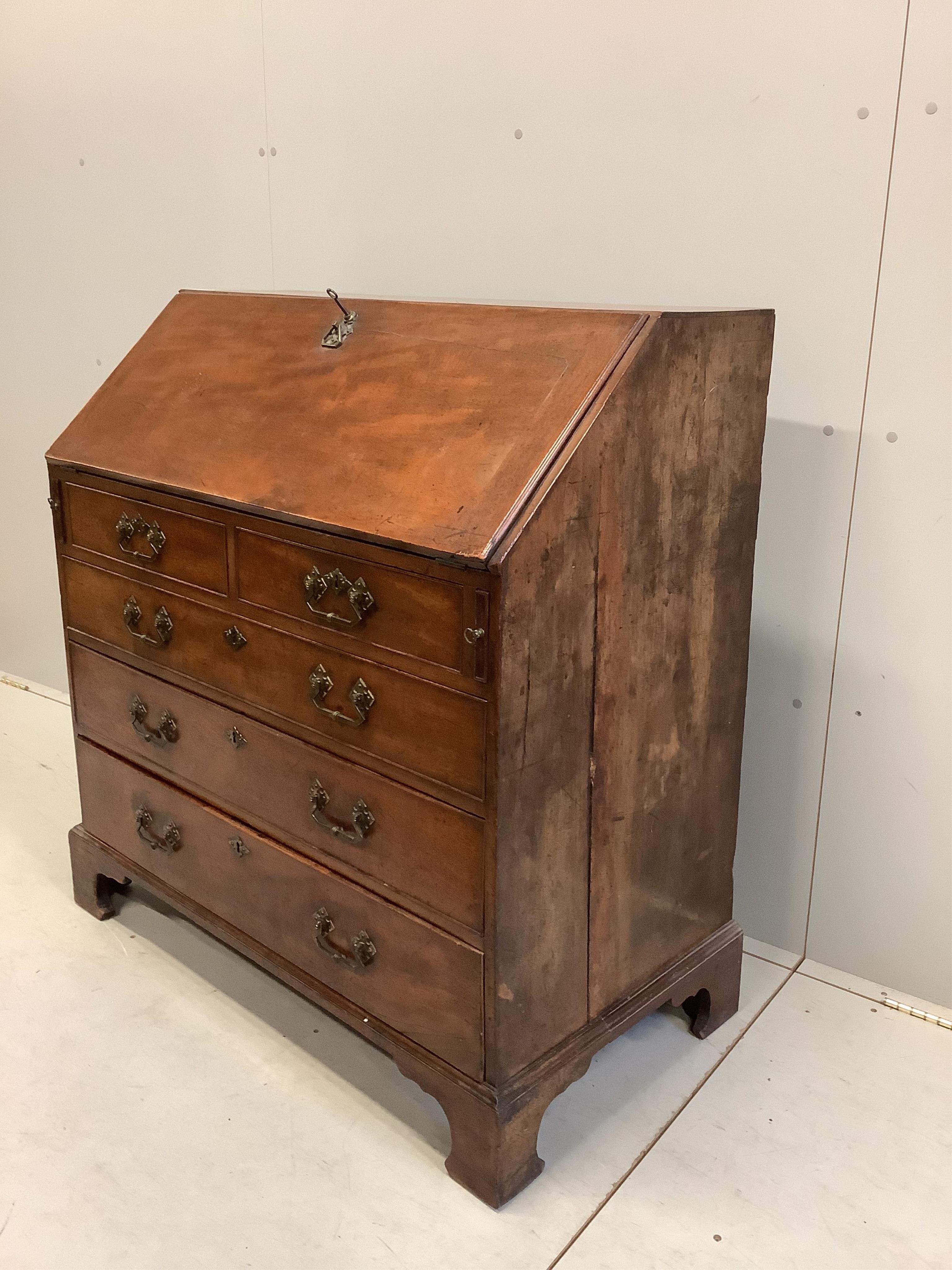 A George III mahogany bureau, width 101cm, depth 55cm, height 108cm. Condition - poor.